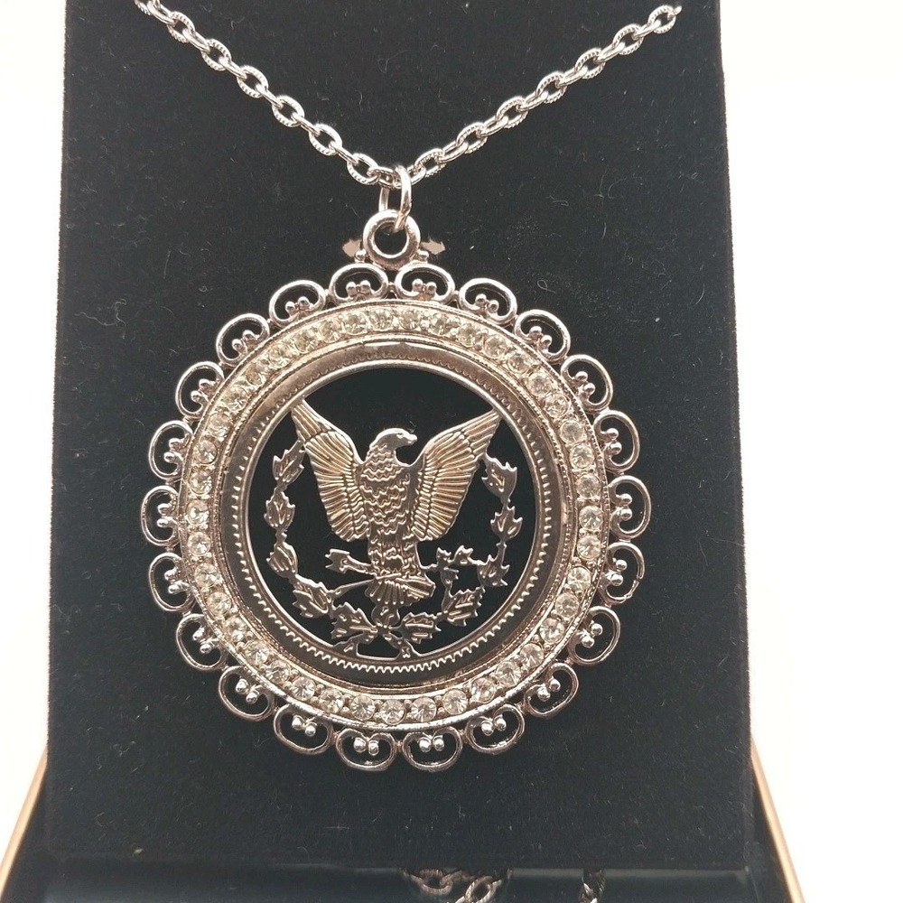 Vtg 24" Royal Gems Eagle Gold/Silver Tone Rhinestone Medallion Pendant Necklace